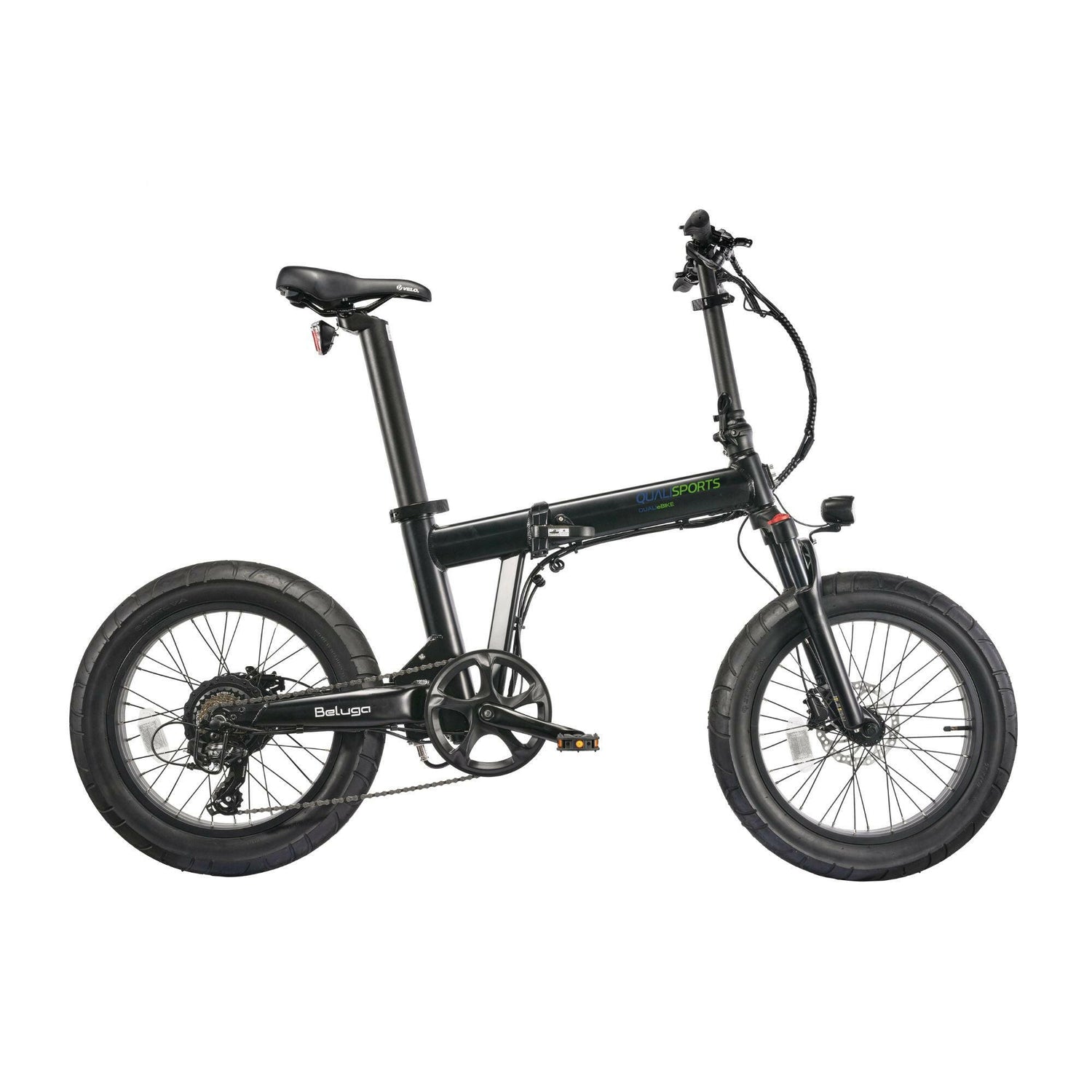 A black Qualisports Beluga Plus electric bike with fat tires.