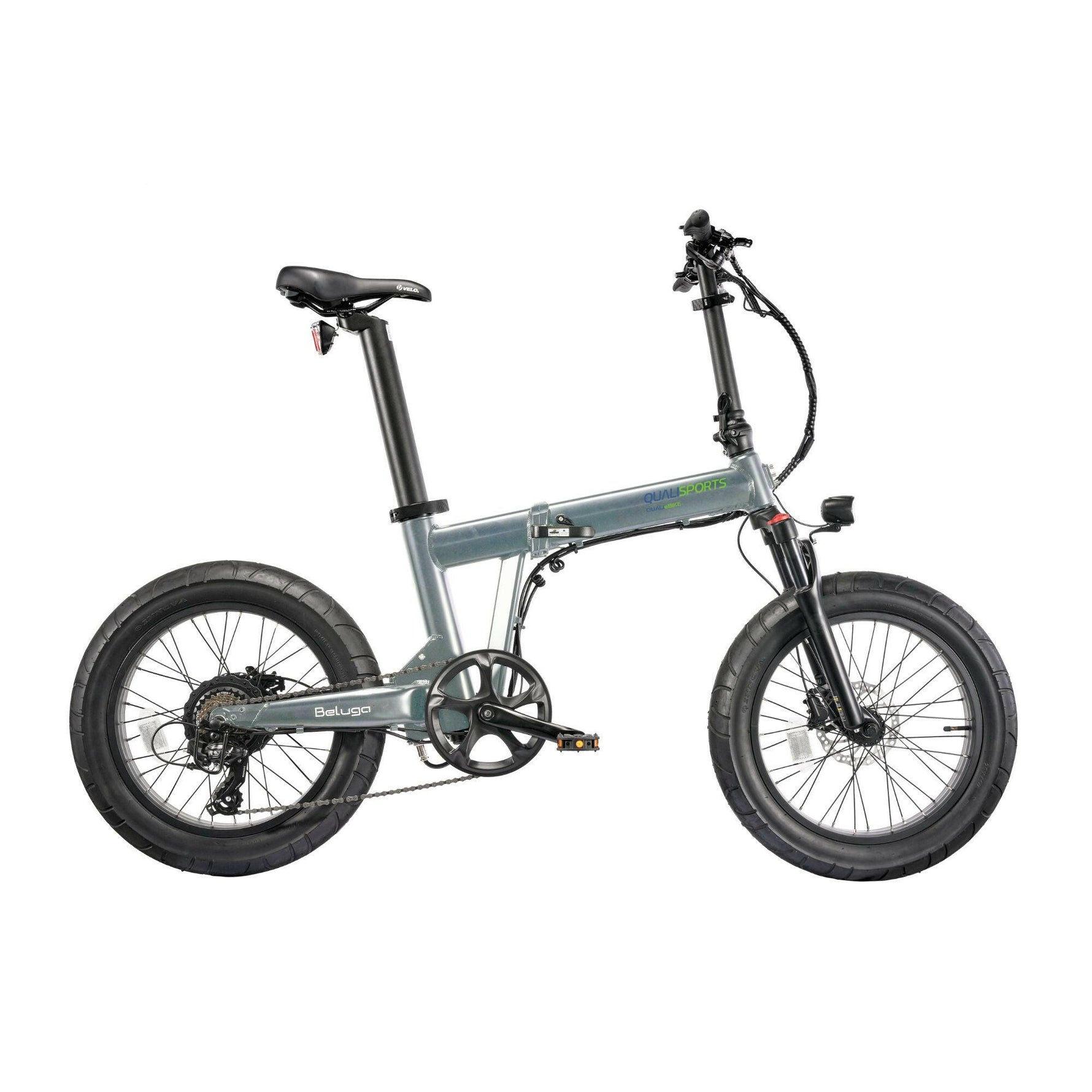 A gray Qualisports Beluga Plus electric bike with fat tires.