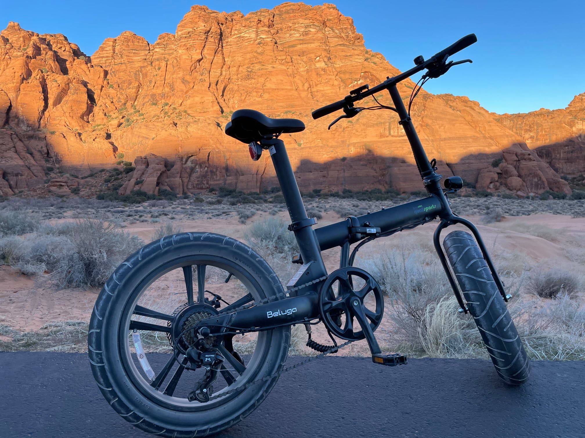 Beluga folding e-bike parked at the bottom of the hill.