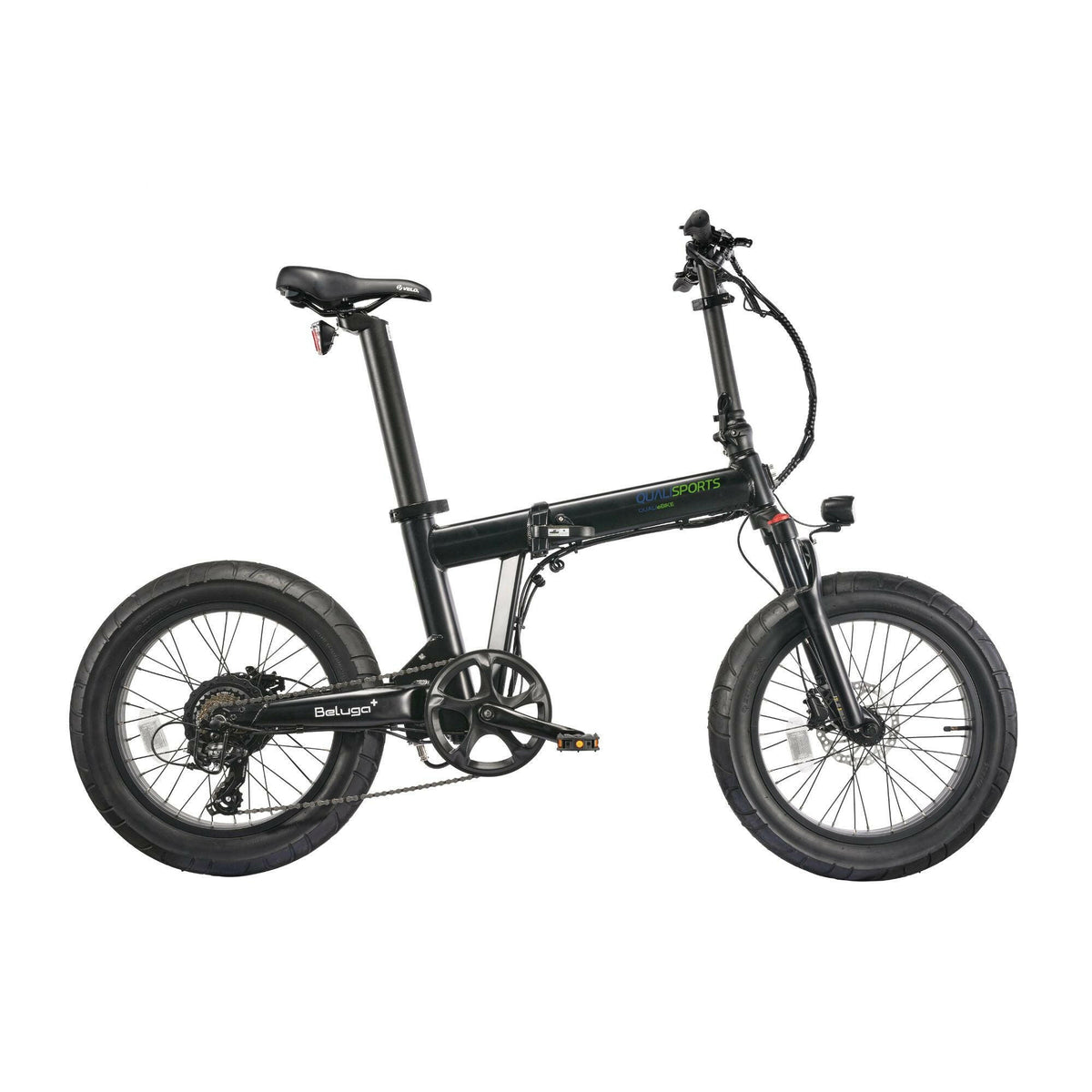 A black Qualisports Beluga Plus with electric bike fat tires.