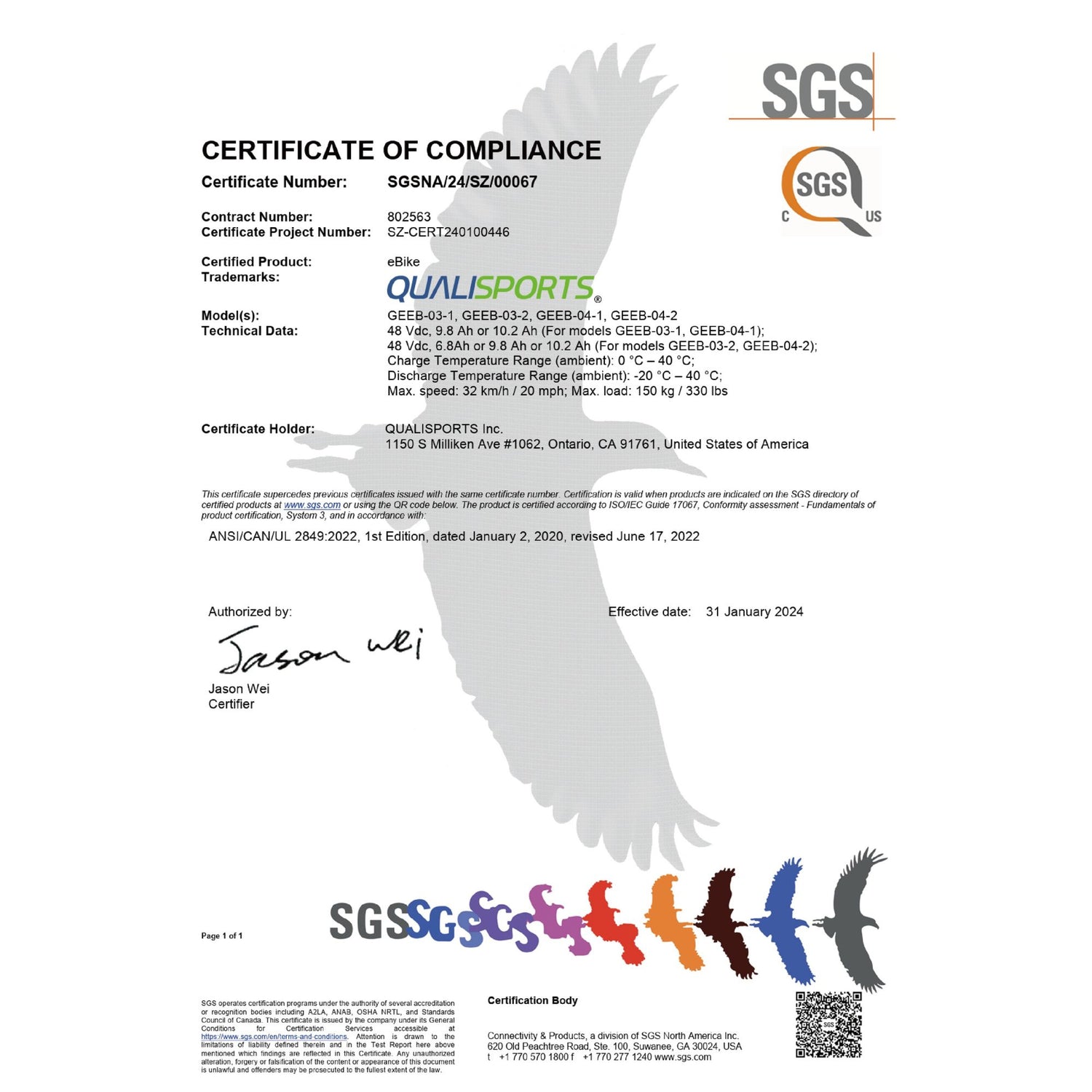 UL Certificate of Approval for Qualisports