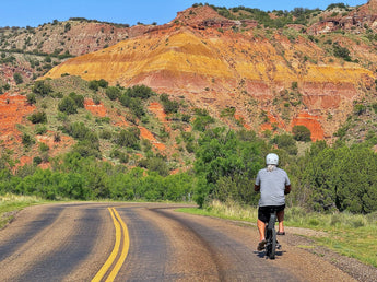 Middle-aged man riding Qualisports Dolphin electric bike passing through mountain road