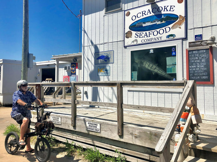 livinginbeauty traveler riding the Qualisports Dolphin folding electric bike passing by Ocracoke Seafood store