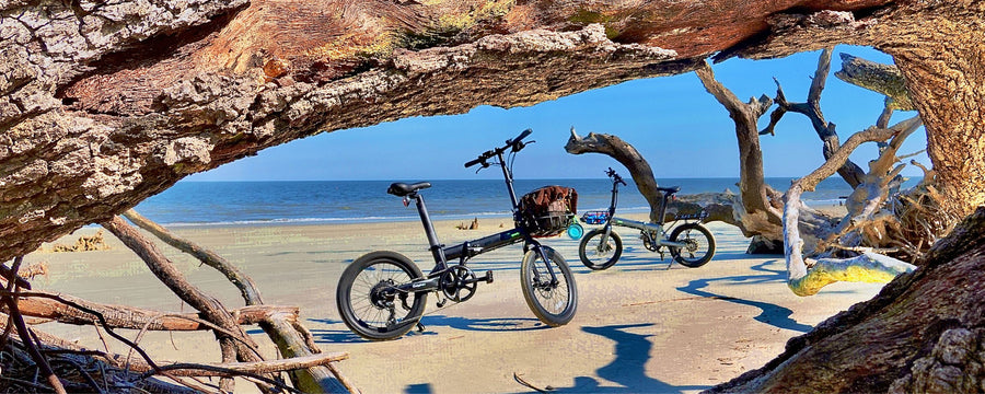 Qualisports Dolphin Folding Electric Bike with Pet Front Basket Parked on the Beach